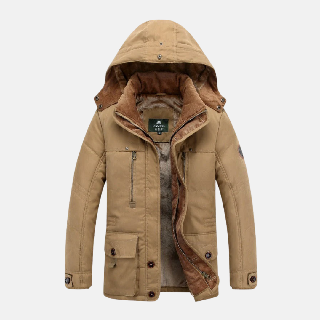 Men’s Jacket – Mid-Length Insulated – Regular Fit – Hooded with Utility Pockets