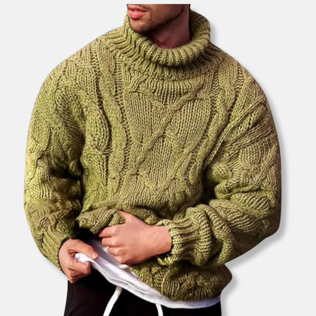 Men’s Turtleneck Sweater – Wool Blend – Relaxed Fit – Cable Knit Pullover