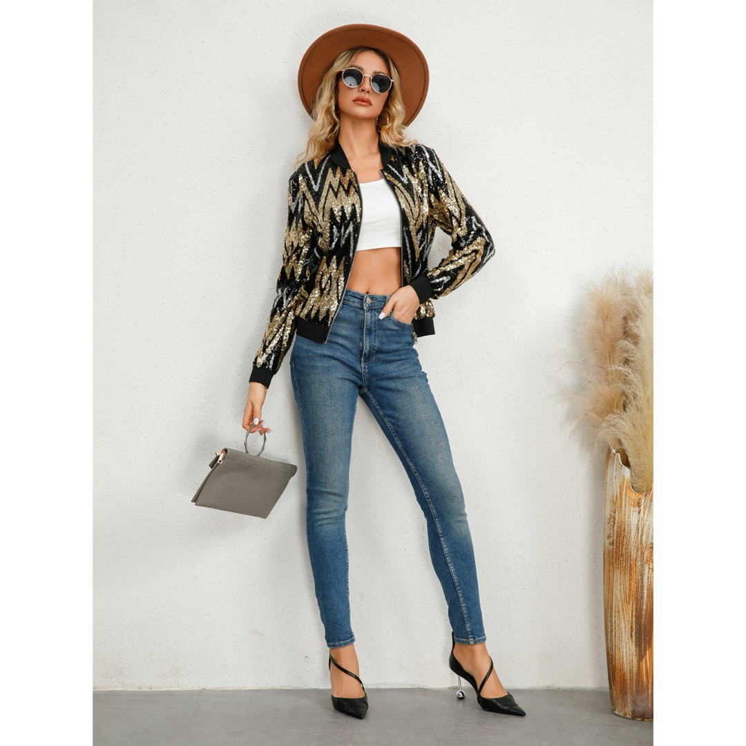 Women’s Bomber Jacket – Sequin Zigzag – Relaxed Fit – Zipper Front – Ribbed Trim