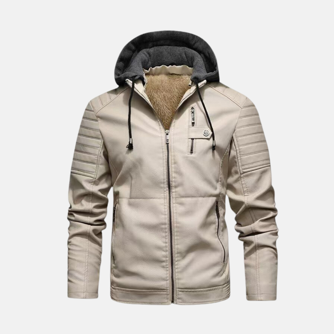 Men’s Leather Jacket – Slim Fit – Quilted Shoulders – Plush Hood – Zipper Closure