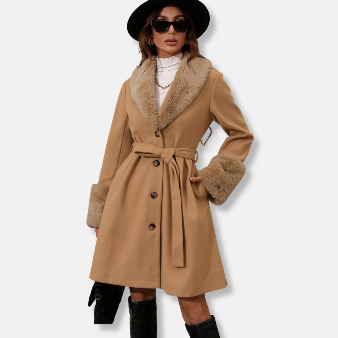 Women’s Trench Coat – Tailored Fit – Faux Fur Collar & Cuffs – Belted