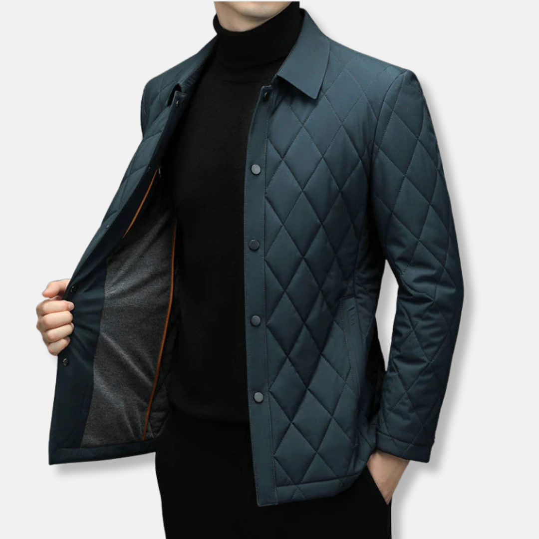 Men’s Quilted Jacket – Regular Fit – Diamond Pattern – Snap Button – Hip Length