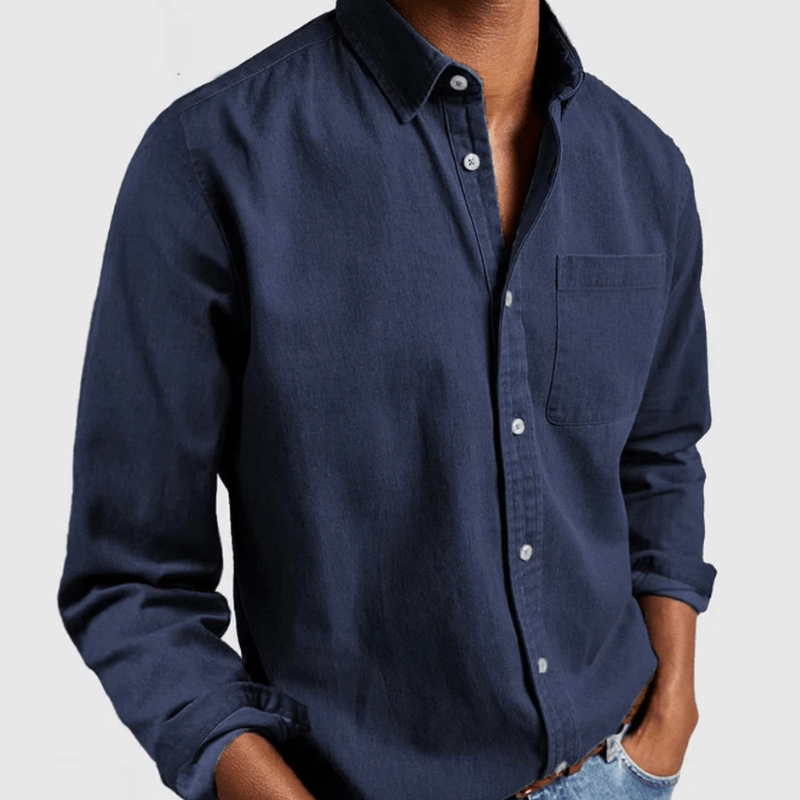 Button down collared denim shirt for men