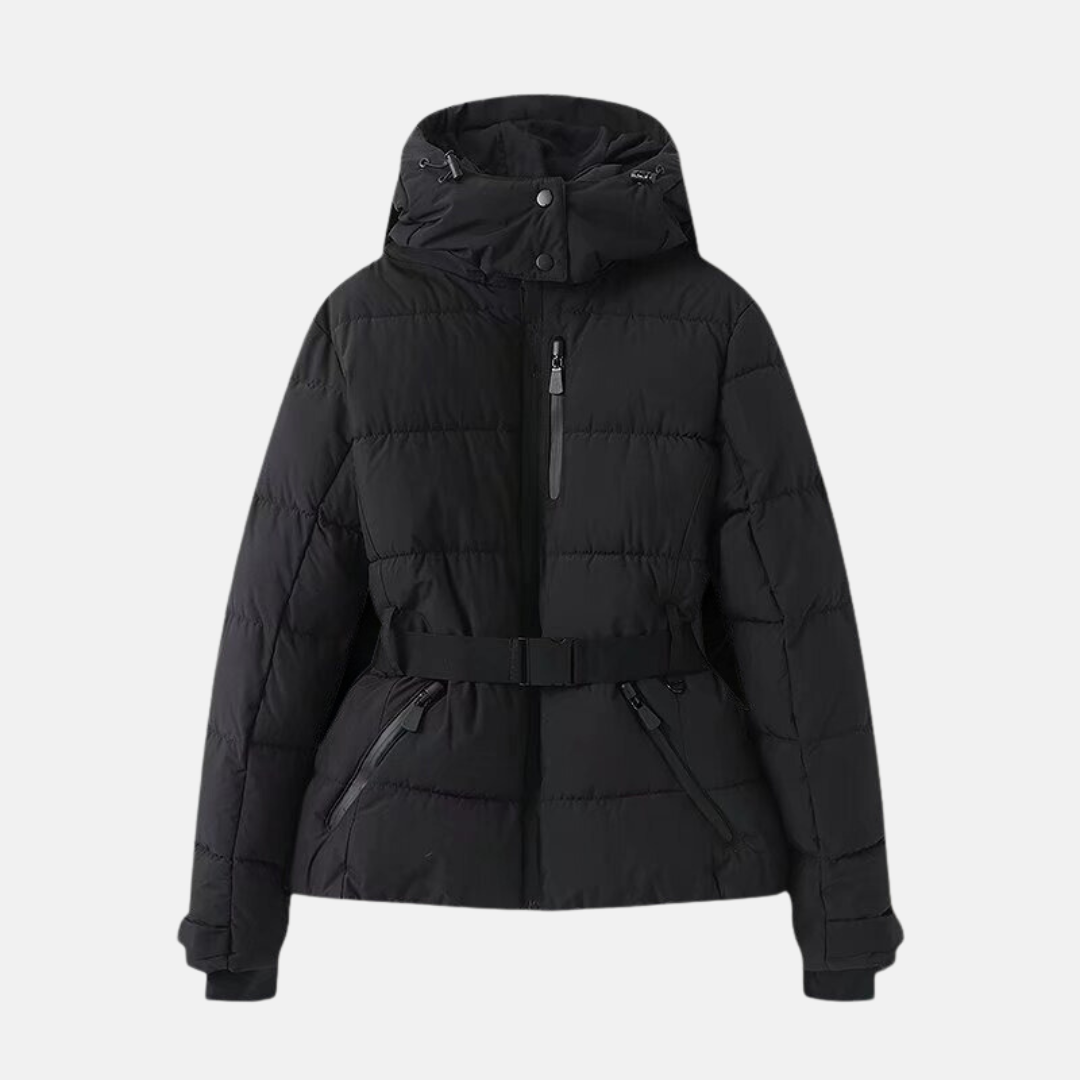 Women’s Puffer Jacket – Quilted Insulated – Belted Waist – Hooded High Collar