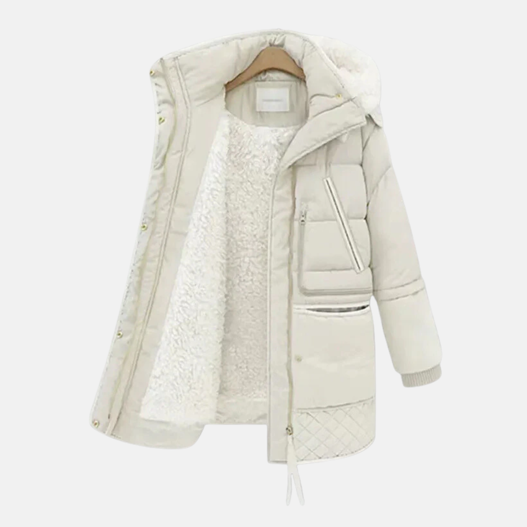 Women’s Quilted Coat – Oversized Relaxed Fit – Plush Hood – Ribbed Cuffs – Mid-Thigh Length