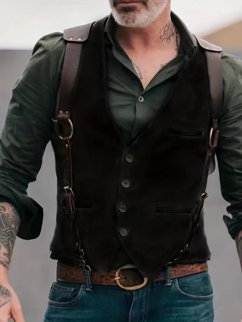 Men’s Reversible Vest – Slim Fit Tweed Wool Blend – V-Neck – Leather Accents