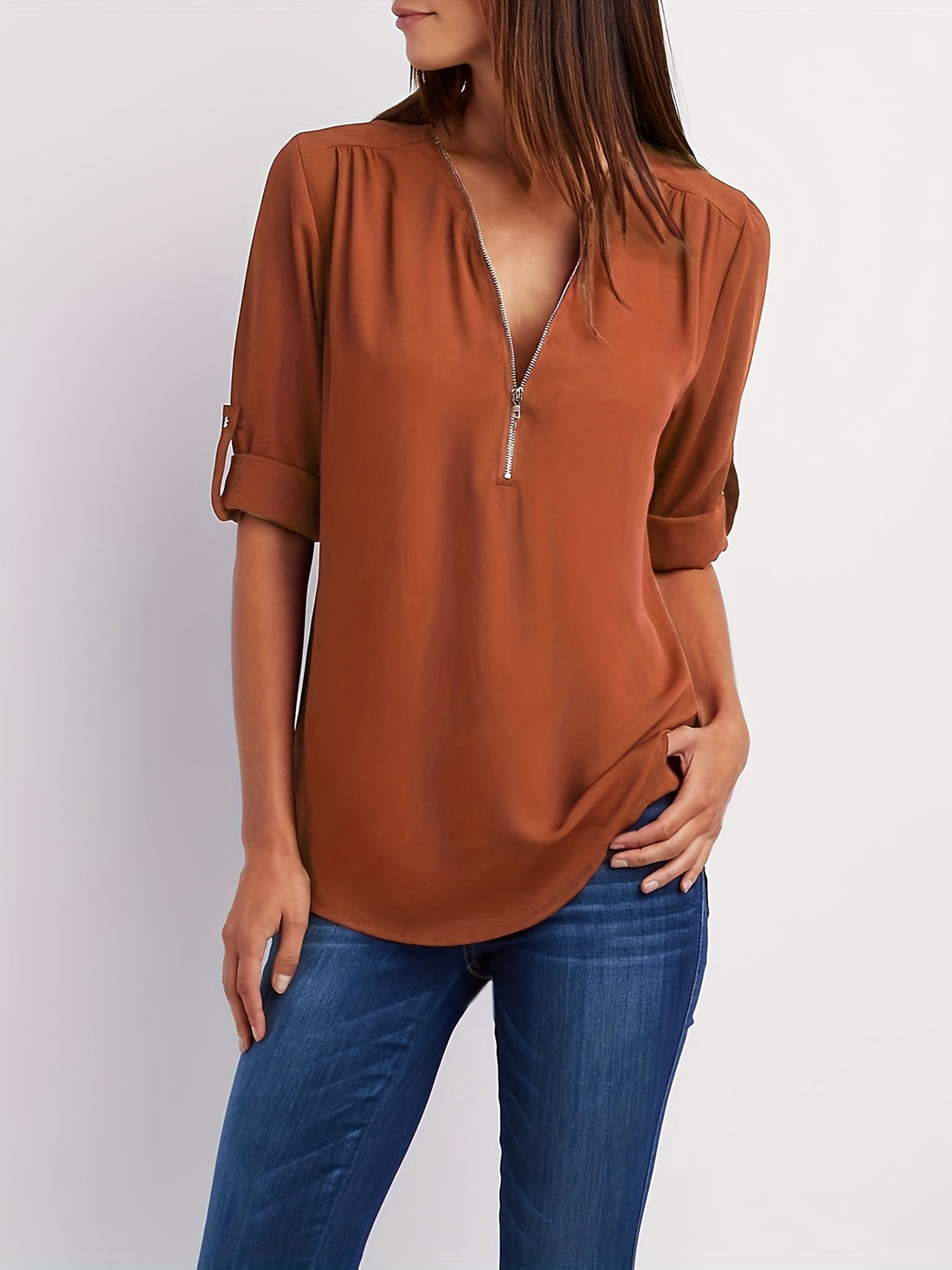 Ruffled V-neck long sleeve shirt for women