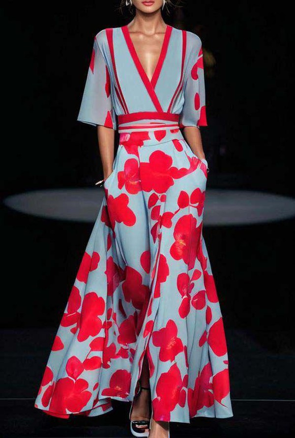 Women’s Long Dress – Deep V-Neck – Elbow Sleeve – Fitted Waist – Flowing Skirt – Pockets