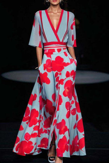 Women’s Long Dress – Deep V-Neck – Elbow Sleeve – Fitted Waist – Flowing Skirt – Pockets
