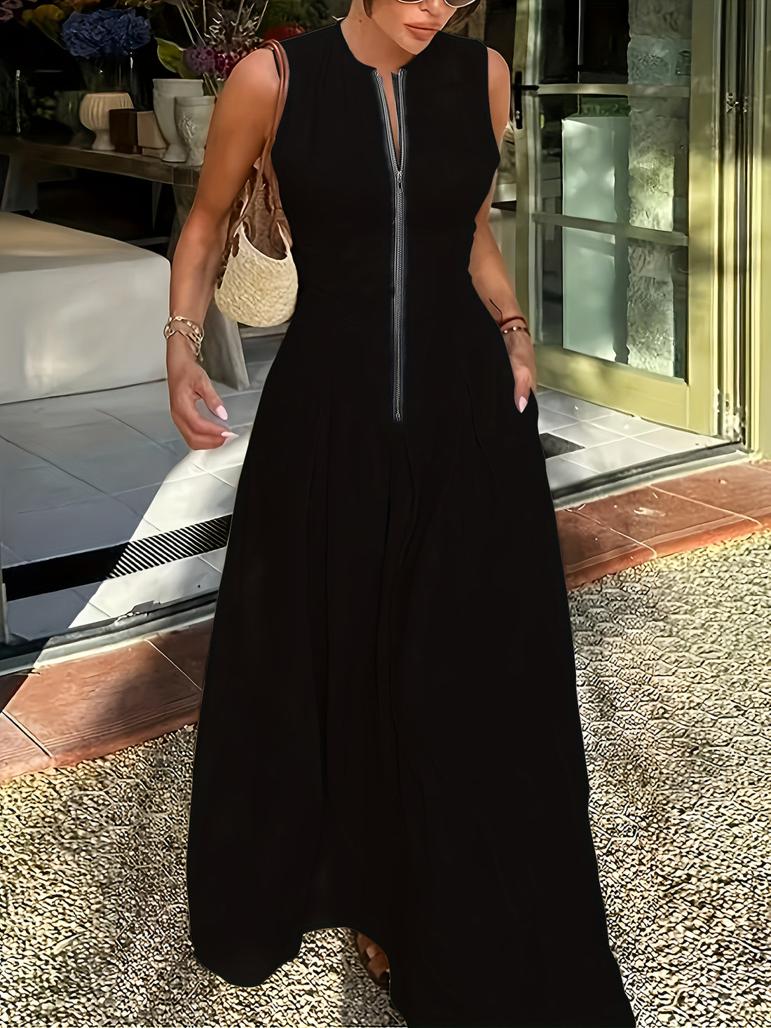 Women's Sleeveless Maxi Dress - Deep V-Neck - Front Zipper - Flowy Elegant Fit
