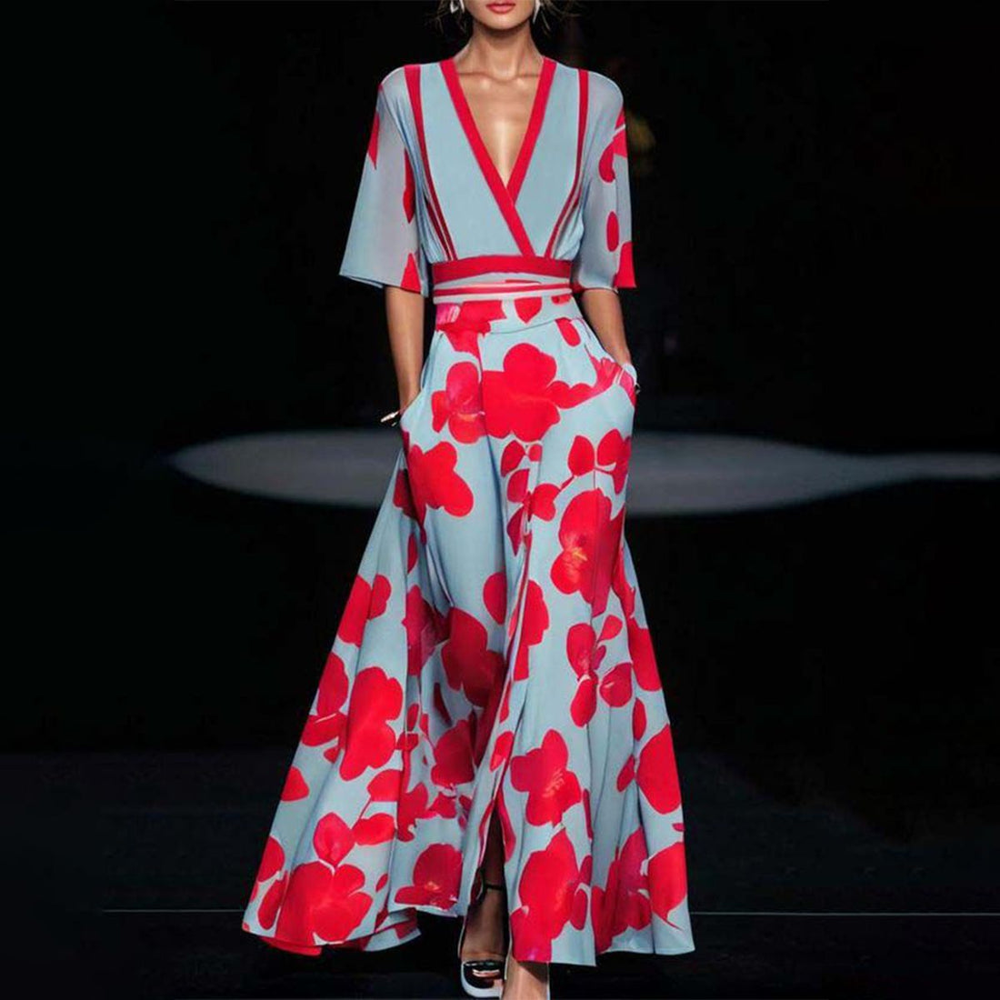 Women’s Long Dress – Deep V-Neck – Elbow Sleeve – Fitted Waist – Flowing Skirt – Pockets