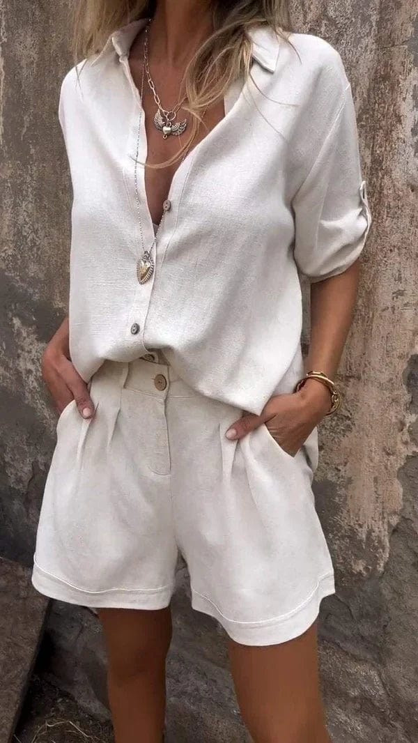 Women's Blouse Set - Cotton Linen Blend - Button-Down Loose Fit - High-Waisted Shorts
