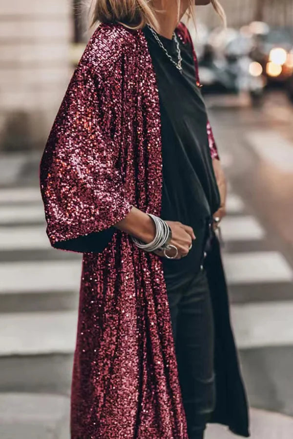 Women’s Duster Cardigan – Sequin Embellished – Loose Fit – Open Front 3/4 Sleeve
