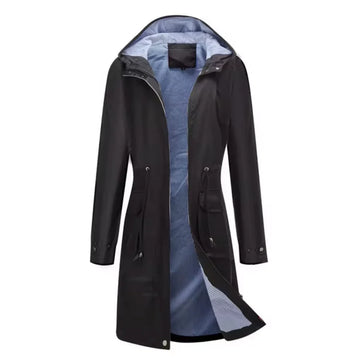 Women’s Long Hooded Jacket – Water-Resistant – Adjustable Waist – Full Length Zip Front