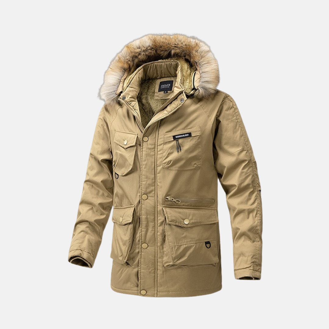 Men’s Parka Jacket – Water-Resistant – Detachable Faux Fur Hood – Loose Fit – Utility Pockets