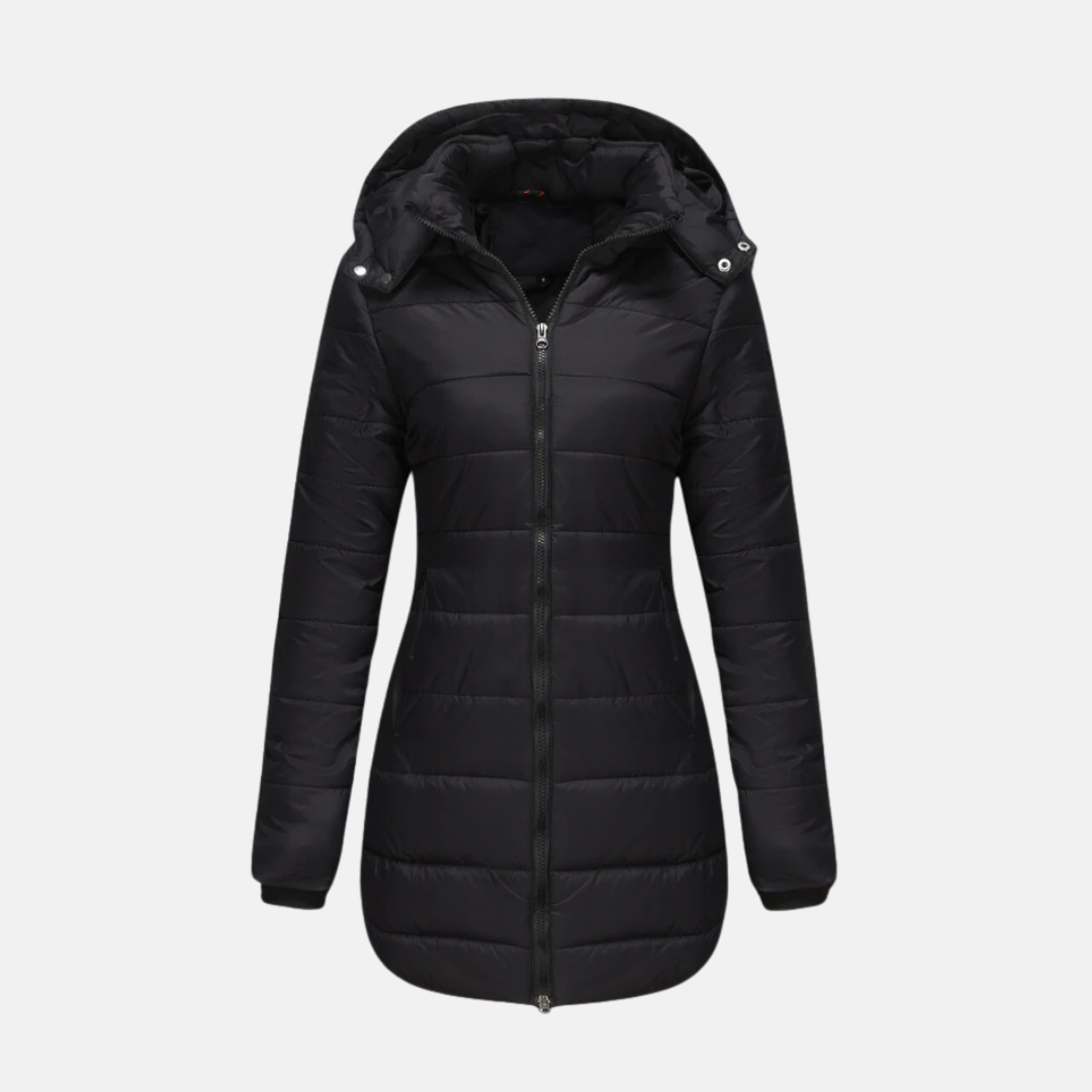 Women’s Longline Padded Coat – Quilted Design – Hooded – Two-Way Zipper – Elastic Cuffs