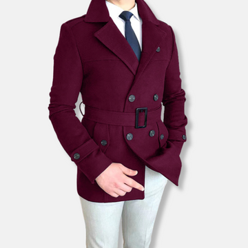 Men’s Short Jacket – Tailored Fit – Wool Blend – Double-Breasted – Belted Waist