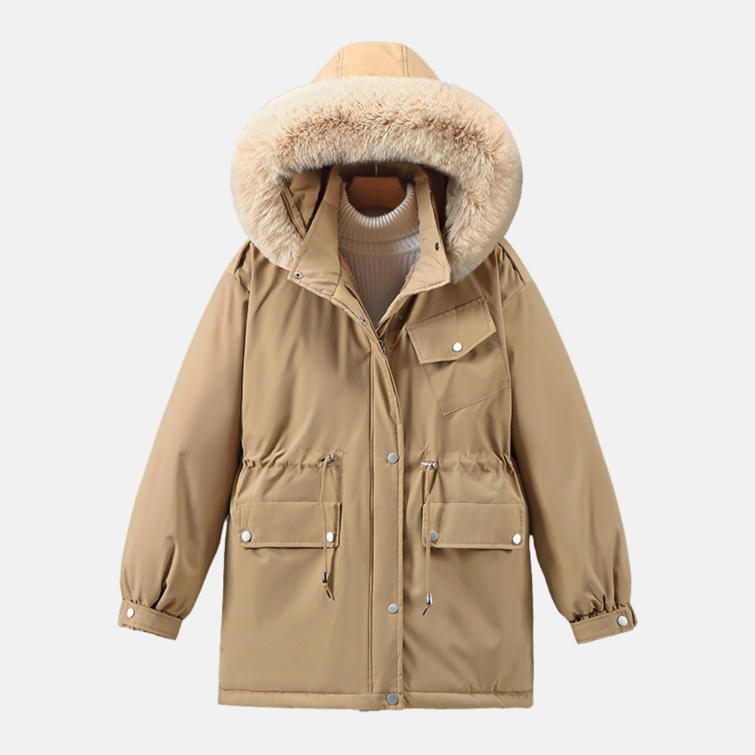 Women’s Parka Jacket – Relaxed Fit – Detachable Faux Fur Hood – Mid-Length – Drawstring Waist