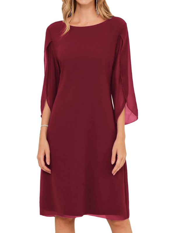 Women's Shift Dress - Knee-Length - Bateau Neckline - Three-Quarter Slit Sleeves - Flowy