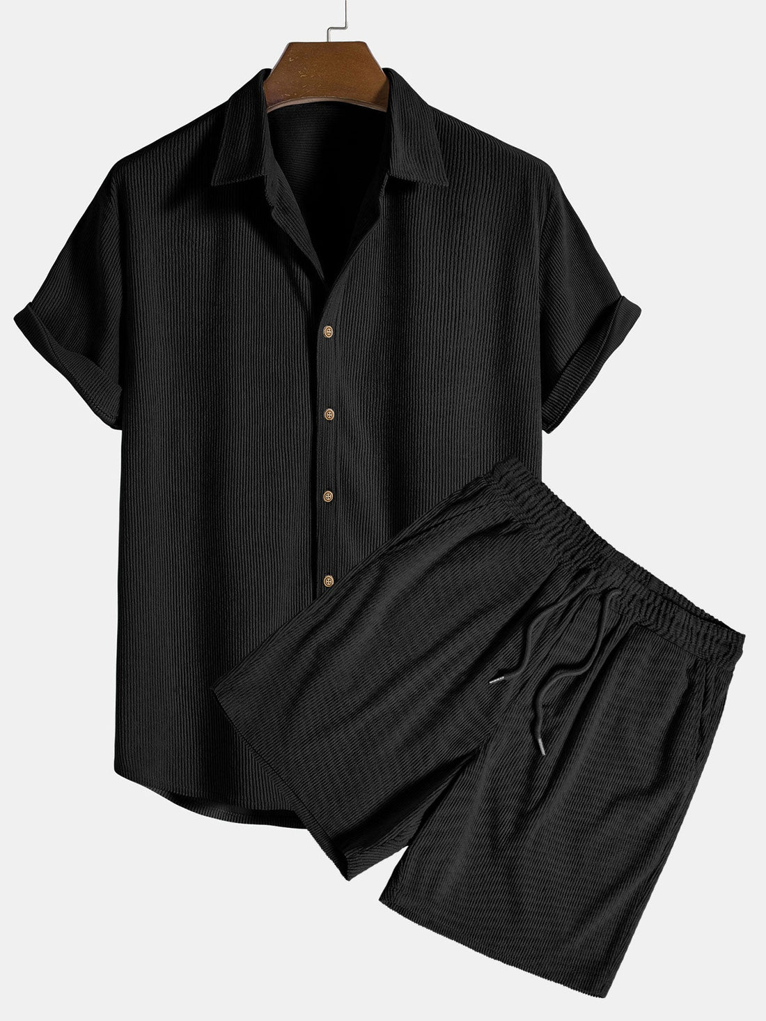 Short sleeved corduroy button up shirt & shorts set for men