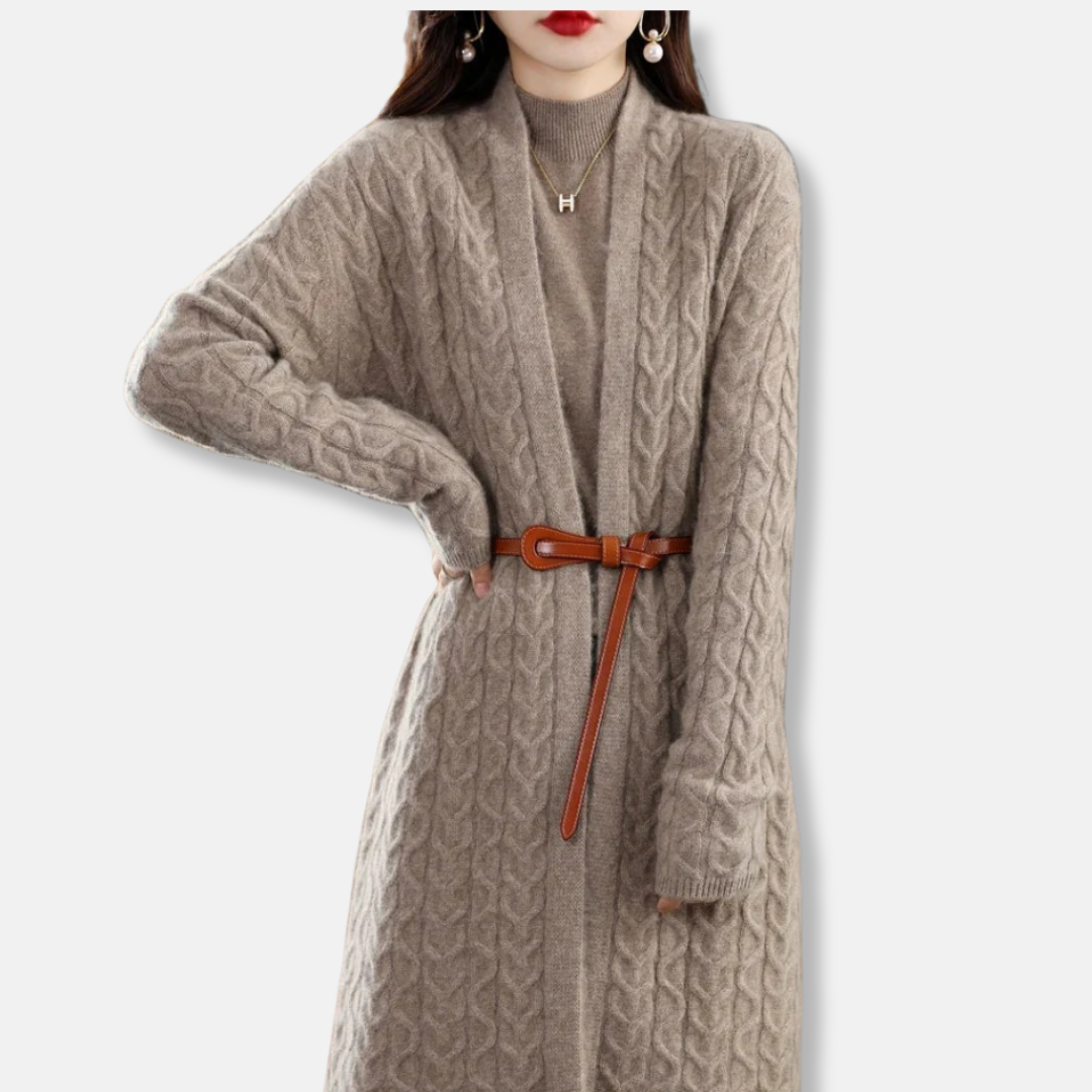 Women’s Long Cardigan – Wool Blend Knit – Relaxed Fit – Cable Pattern – Belted Waist