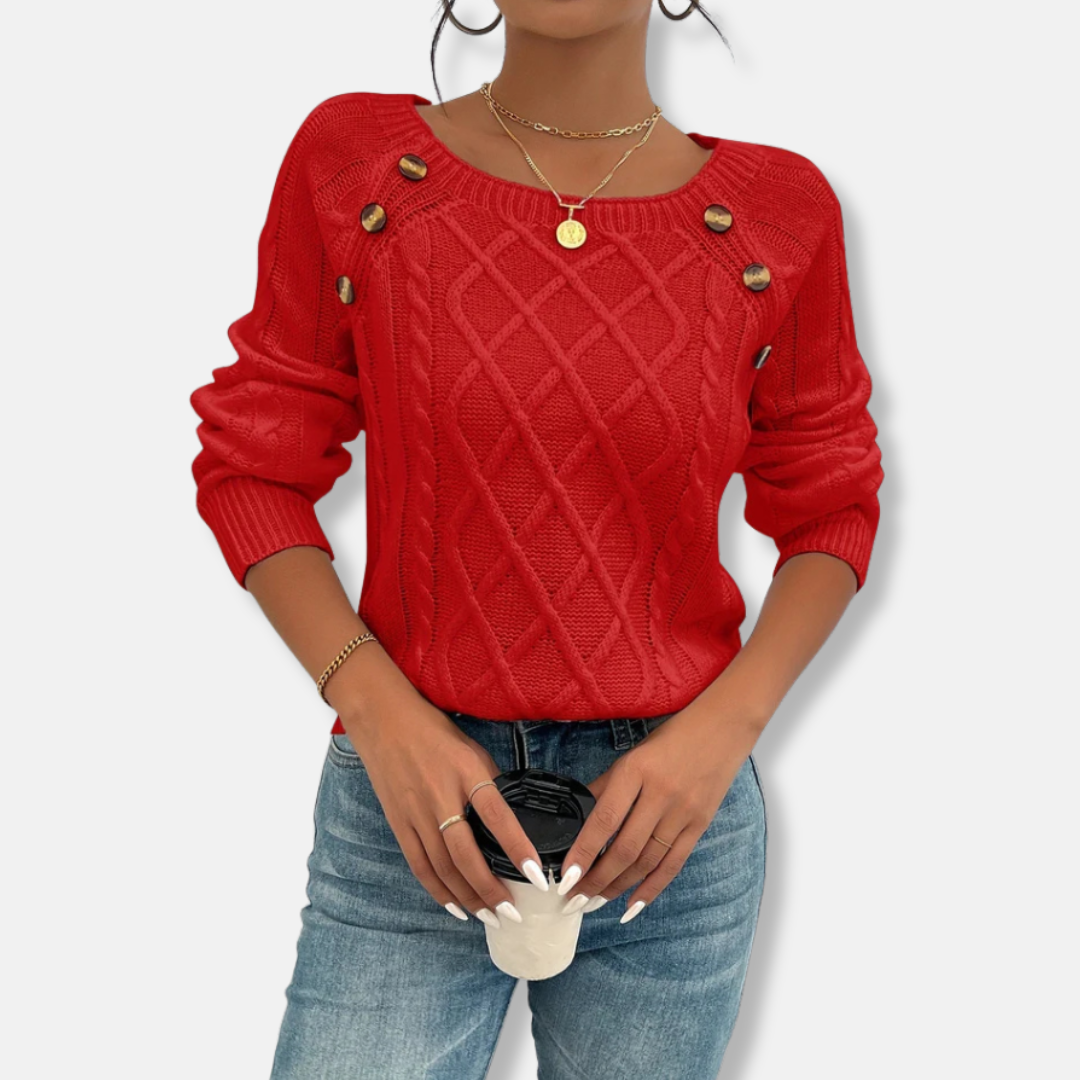 Women’s Knit Top – Relaxed Fit – Cable Knit Texture – Boat Neck – Long Sleeves