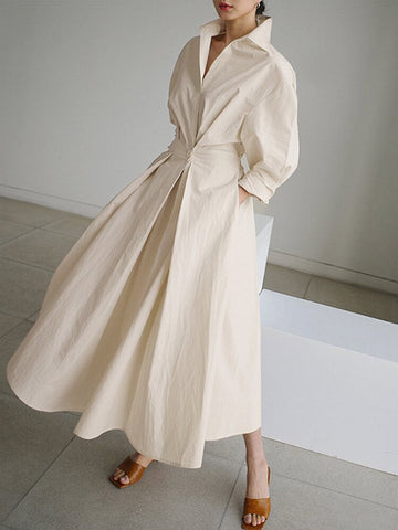 Women's Maxi Dress - A-Line Fit & Flare - Long Sleeve - Collared Elegant Design