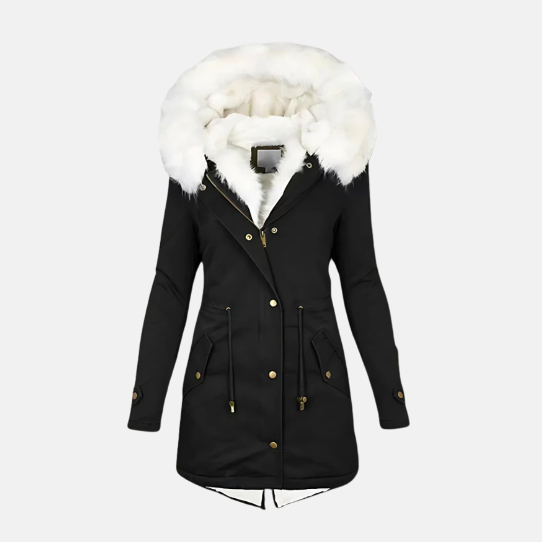 Women’s Parka Coat – Slim Fit – Water-Resistant – Faux Fur Hood – Drawstring Waist