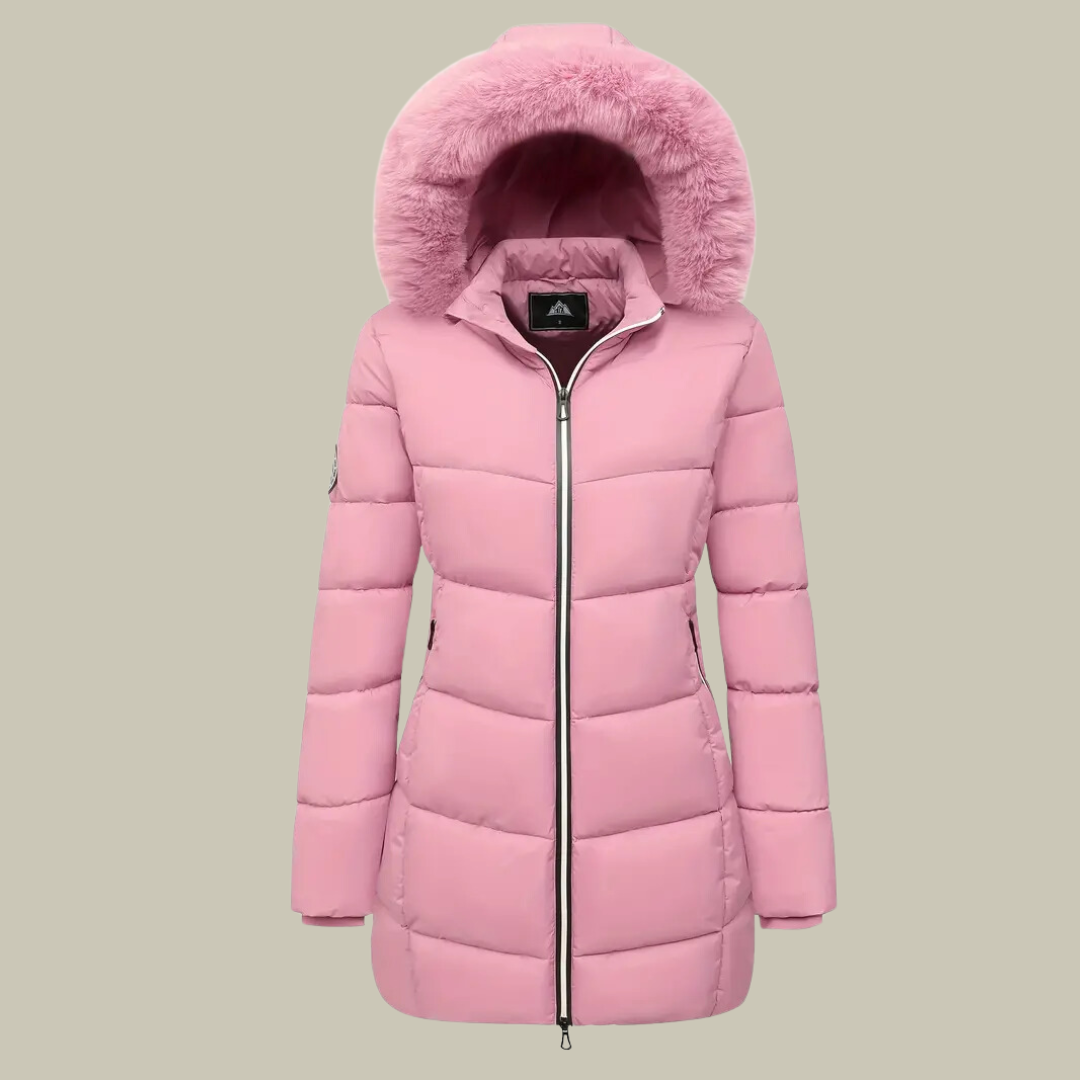 Quilted fur hoodie mid-length winter jacket for women