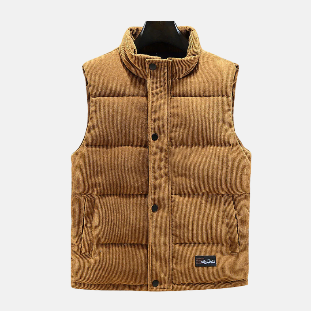 Men’s Quilted Vest – Corduroy – Padded Layer – Stand Collar – Snap Front – Casual Fit