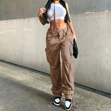 Multi-pocket vintage cargo pants for women