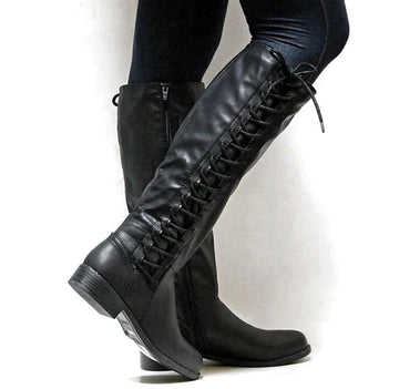 Women’s Knee-High Boots – Sleek Fit – Lace-Up Front – Side Zip – Flat Sole