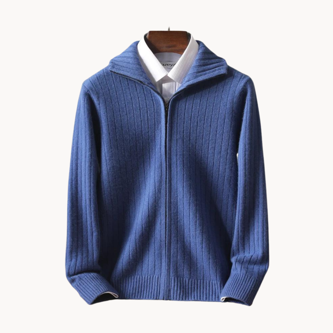 Full zip ribbed cuffs knit cardigan for men