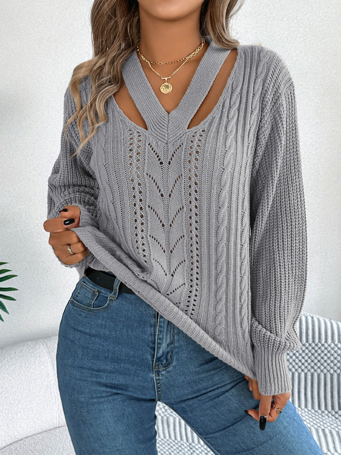 Cosy cut-out v-neck sweater for women