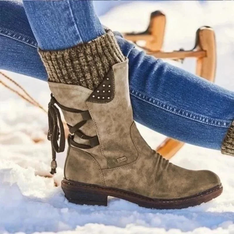Women’s Ankle Boots – Knitted Cuff – Studded Side Detail – Back Lace Accent