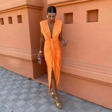 Women's Midi Dress - Deep V-Neck - Structured Shoulders - Knot Waist - Front Slit Elegant Fit