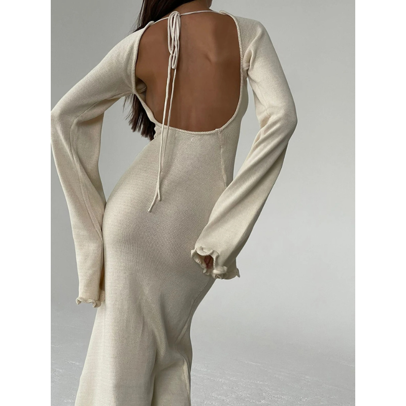 Knitted Women's Backless Dress with Bow Detail and Wide Long Sleeves - Elegant & Chic