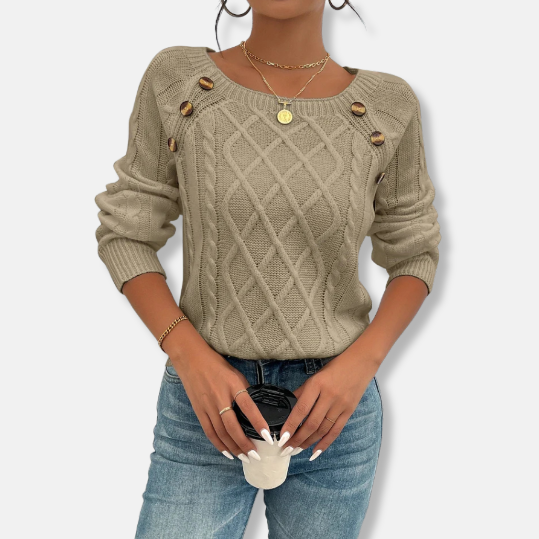 Women’s Knit Top – Relaxed Fit – Cable Knit Texture – Boat Neck – Long Sleeves