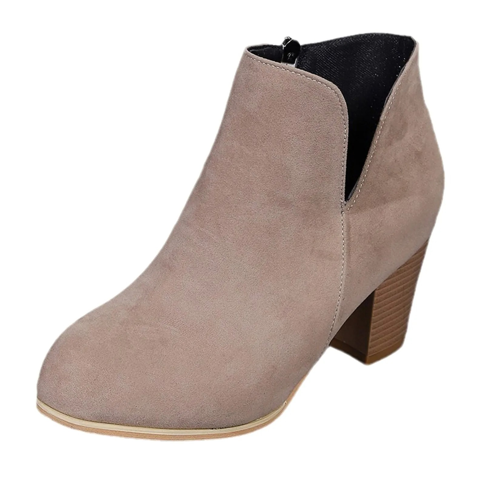 V-Snit side zip block heel ankle boots for women