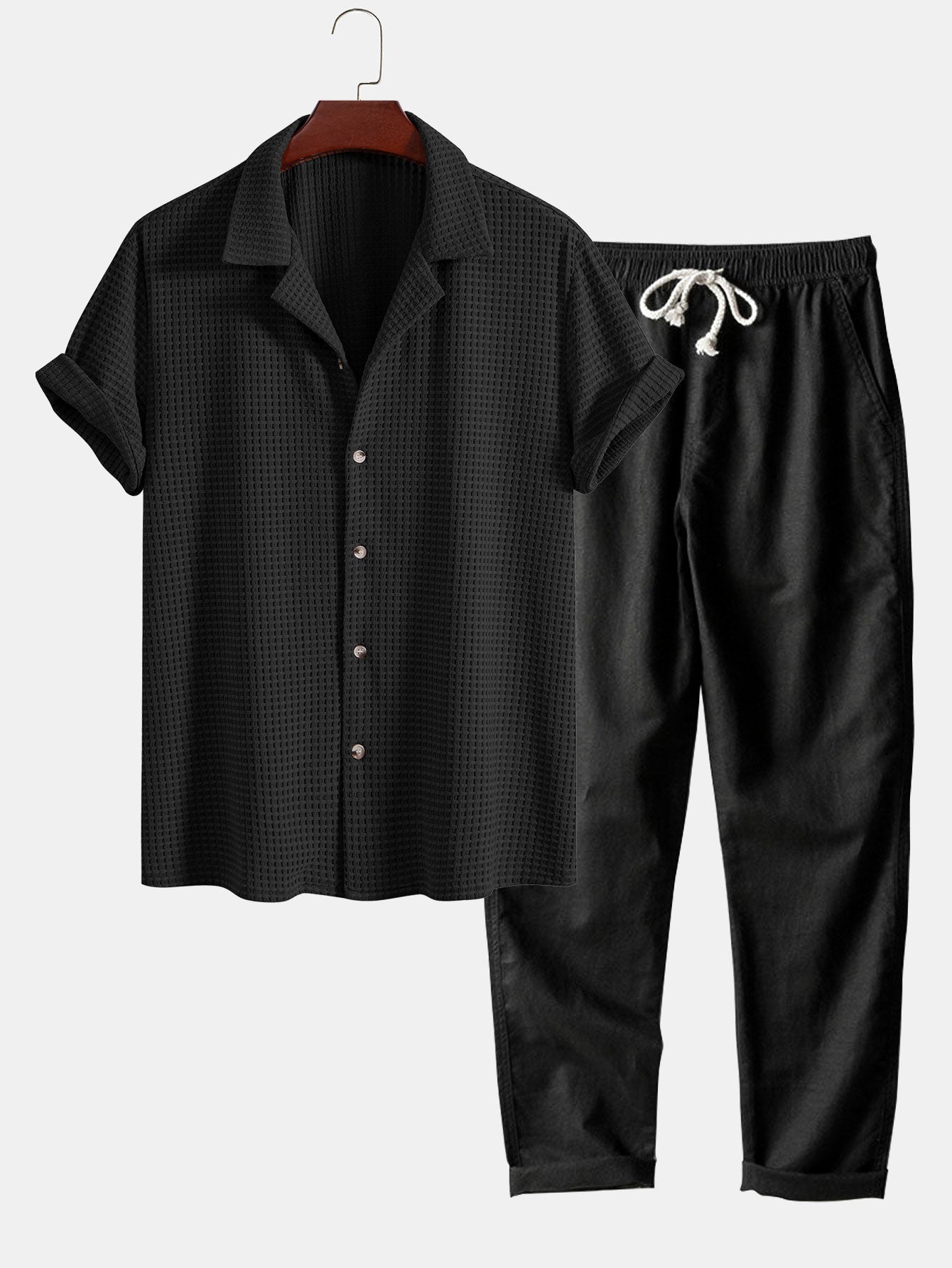 Short sleeve waffle cuban shirt & straight leg pants for men