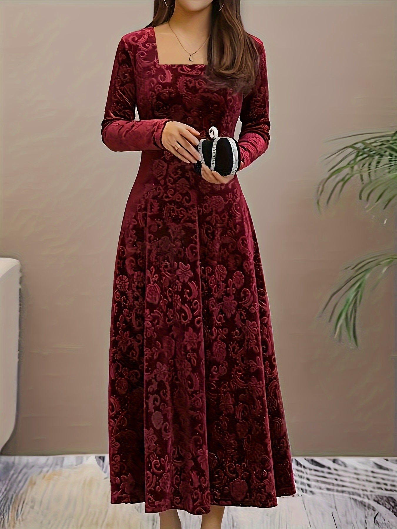 Floral square neck velvet dress for women