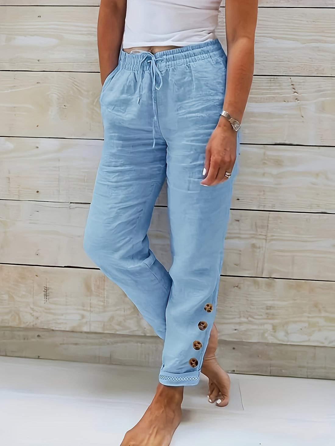 Solid drawstring waist trouser pants for women
