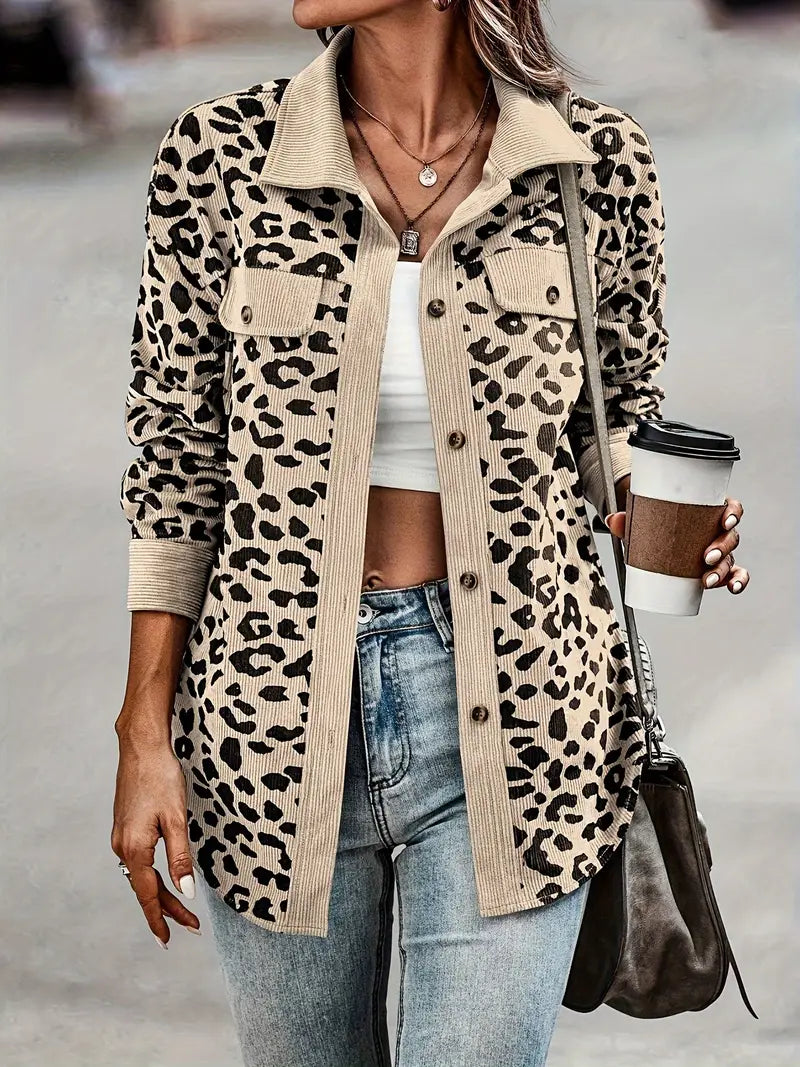 Women’s Shacket – Relaxed Fit – Corduroy Ribbed Texture – Button-Up Long Sleeve – Animal Print