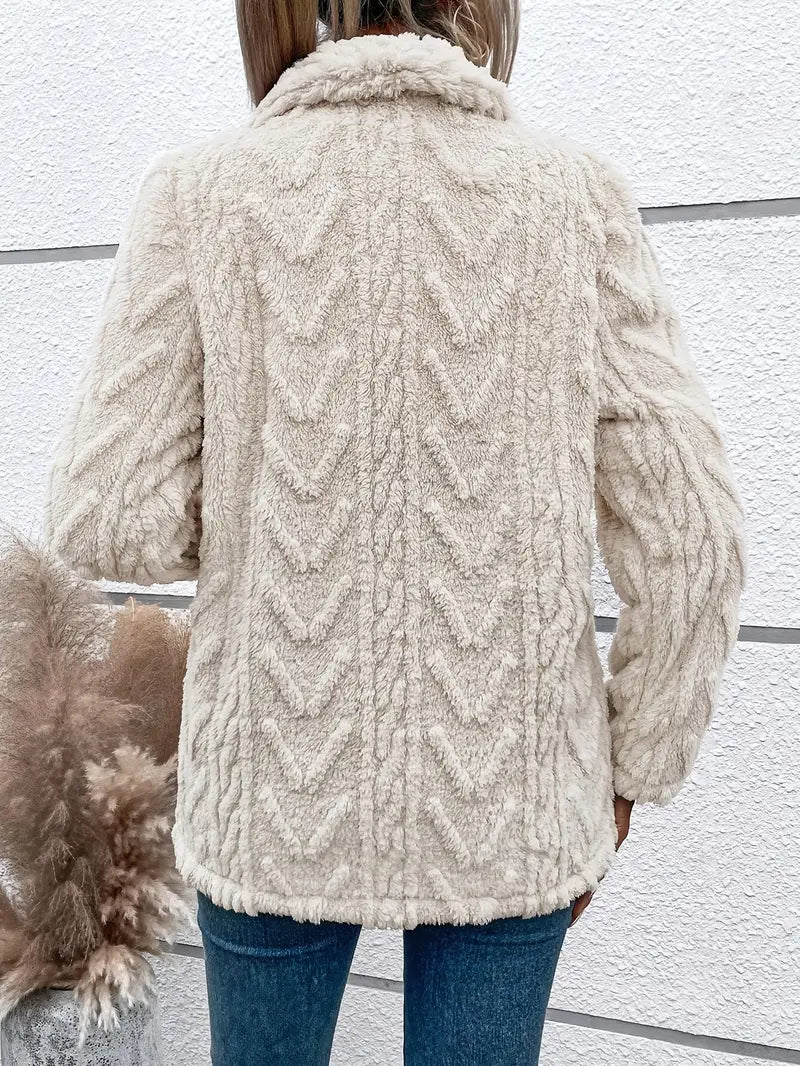 Women’s Fleece Jacket – Relaxed Fit – Shawl Collar – Open Front – Hip Length Layer