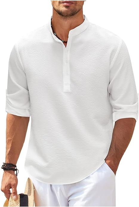Men’s Casual Shirt – Relaxed Fit – Lightweight Cotton – Band Collar – Buttoned Cuffs