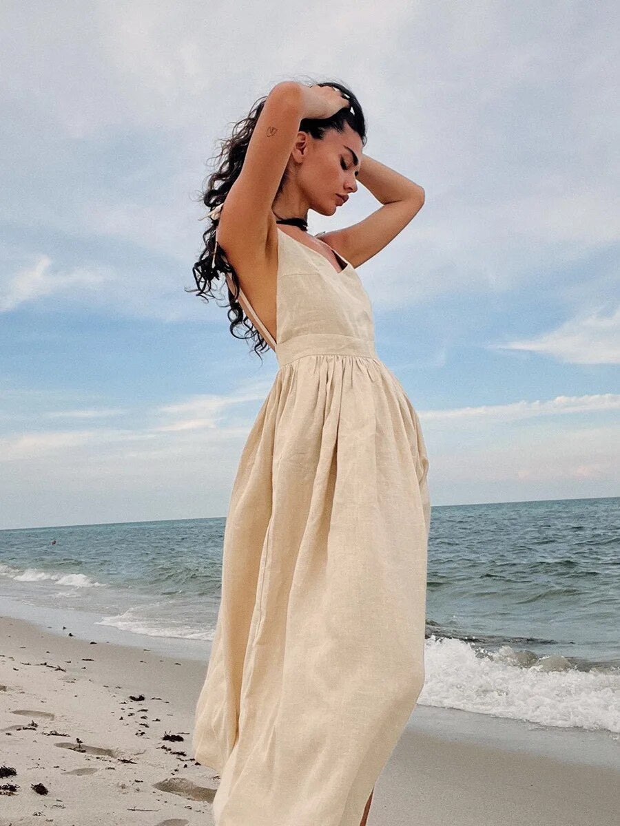Women's Maxi Dress - Lightweight Linen Cotton - V-Neck Spaghetti Straps - Relaxed Fit