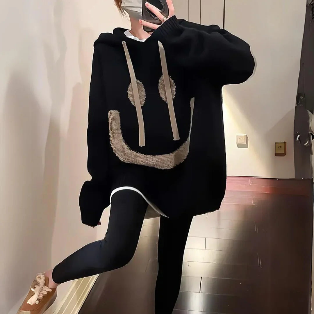 Women’s Hoodie – Plus Size Oversized Fit – Knit Texture – Graphic Smiley – Casual Wear