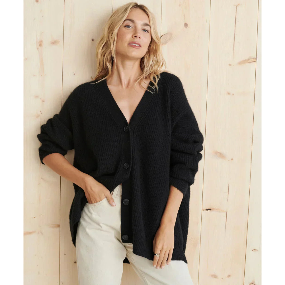 Women’s Long Knit Cardigan – Relaxed Fit – Ribbed Texture – V-Neck – Button Front