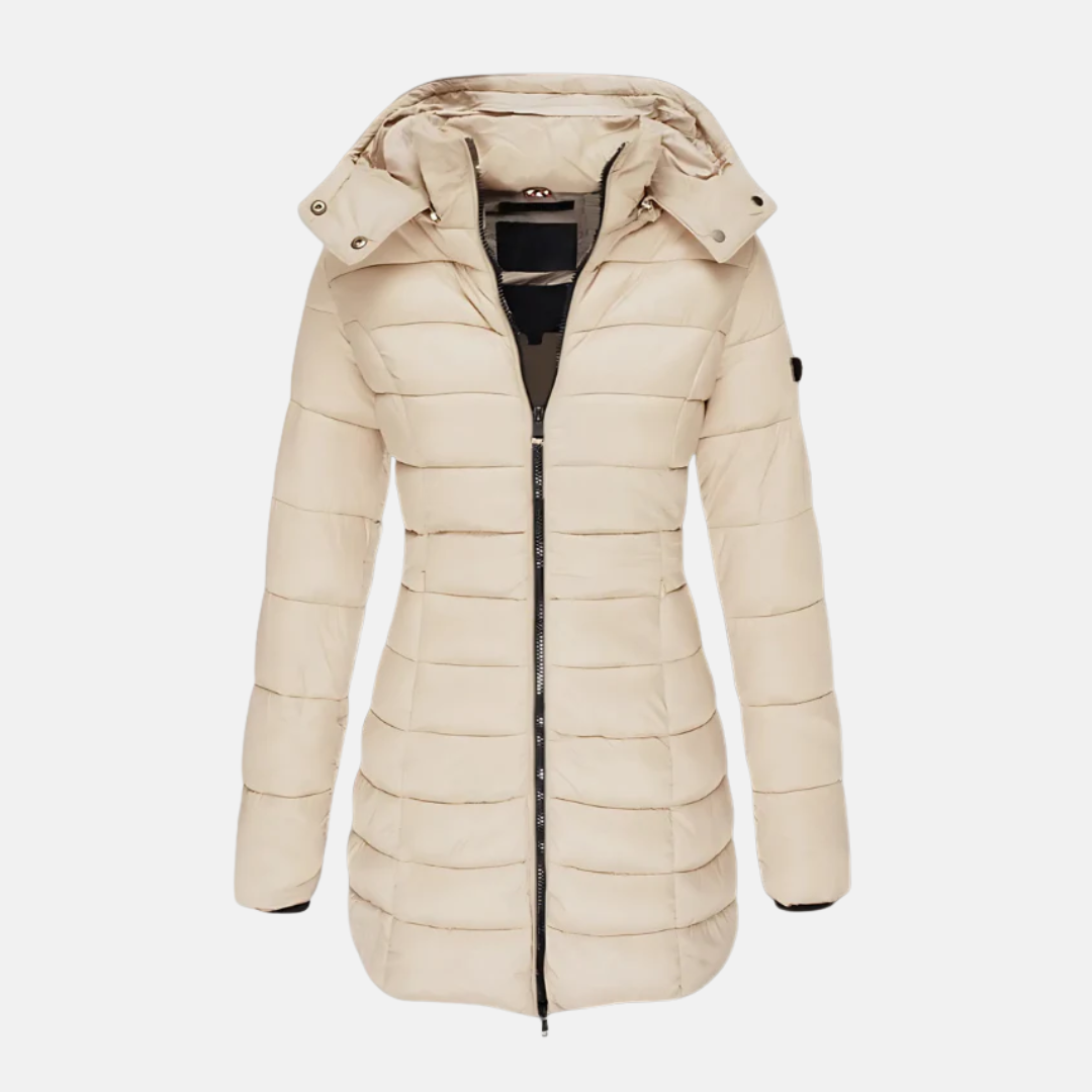 Women’s Puffer Coat – Slim Fit Quilted – Hooded Mid-Length with Ribbed Cuffs