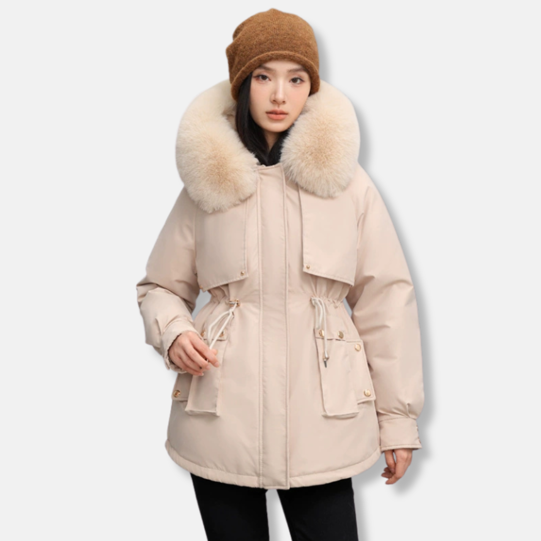 Women’s Parka Jacket – Relaxed Fit – Faux Fur Collar – Drawstring Waist – Mid-Thigh Length